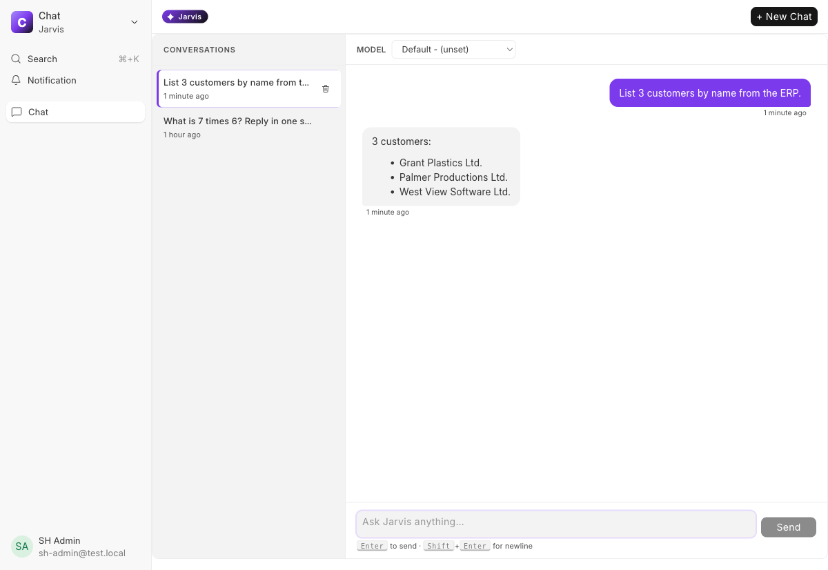 Jarvis chat answering an ERP query, listing three customers drawn directly from the ERPNext records.