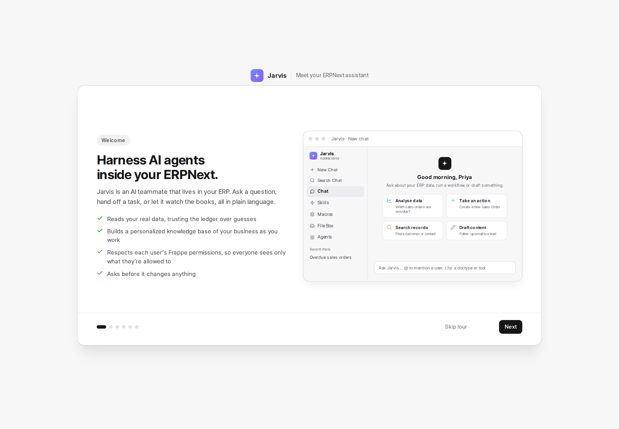 Jarvis onboarding screen introducing an AI teammate that reads your data, builds a knowledge base, respects Frappe permissions, and asks before important changes.